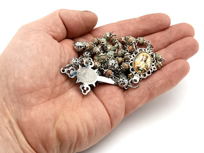 Our Lady Queen of Heaven unique rosary beads jasper gemstone wearable rosary with stainless steel Saint Benedict crucifix.