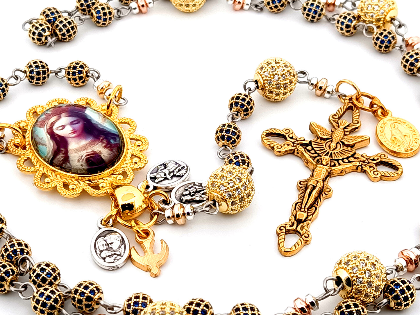 Our Lady Queen of Heaven unique rosary beads sapphire and 18K gold plated rosary with stainless steel gold plated Holy Spirit crucifix.