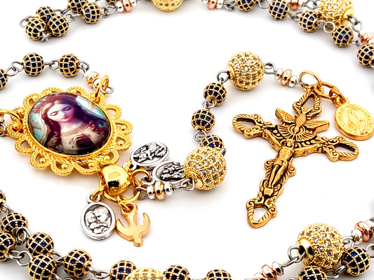 Our Lady Queen of Heaven unique rosary beads sapphire and 18K gold plated rosary with stainless steel gold plated Holy Spirit crucifix.