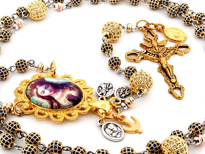 Our Lady Queen of Heaven unique rosary beads sapphire and 18K gold plated rosary with stainless steel gold plated Holy Spirit crucifix.