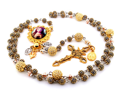 Our Lady Queen of Heaven unique rosary beads sapphire and 18K gold plated rosary with stainless steel gold plated Holy Spirit crucifix.