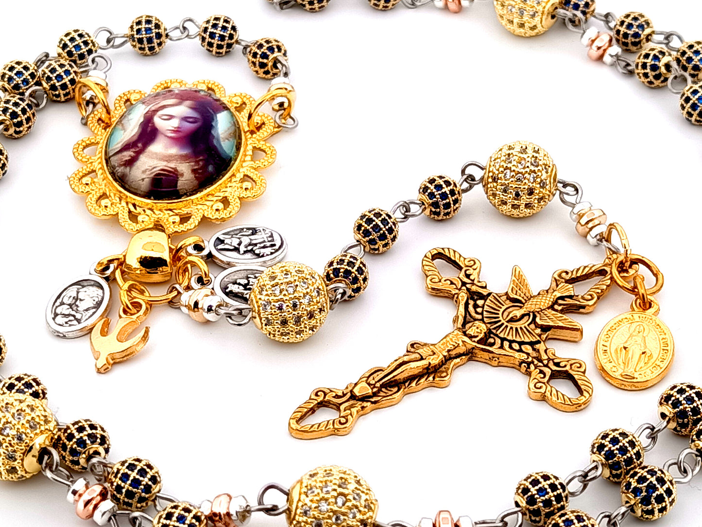 Our Lady Queen of Heaven unique rosary beads sapphire and 18K gold plated rosary with stainless steel gold plated Holy Spirit crucifix.