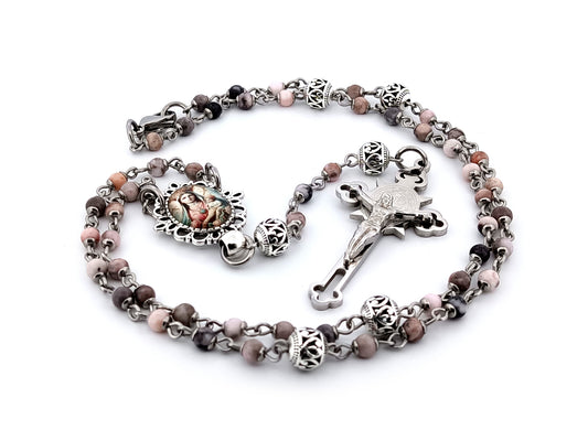 Mother Mary and Child unique rosary beads pink jasper gemstone wearable rosary with stainless steel Saint Benedict crucifix.