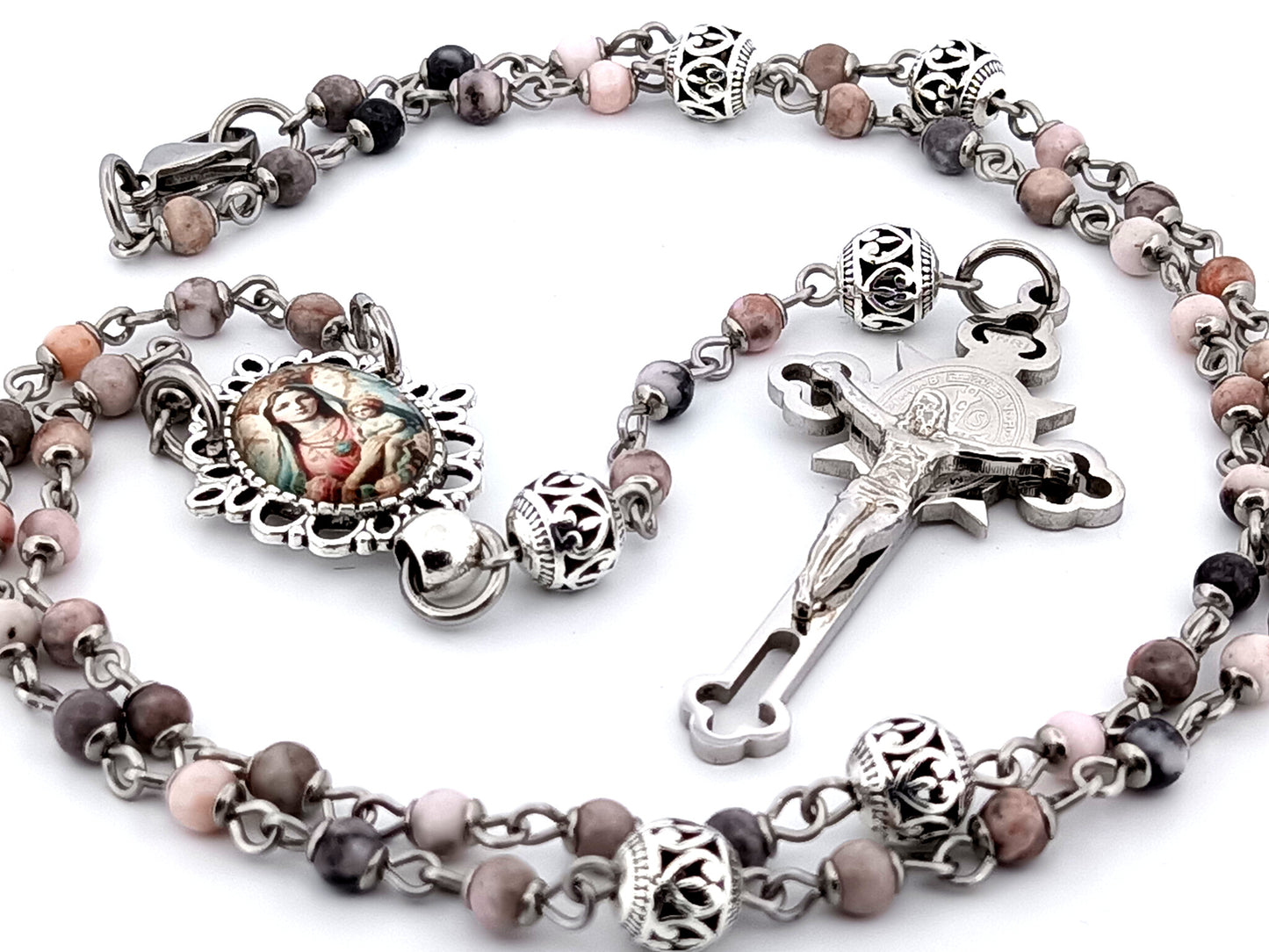 Mother Mary and Child unique rosary beads pink jasper gemstone wearable rosary with stainless steel Saint Benedict crucifix.