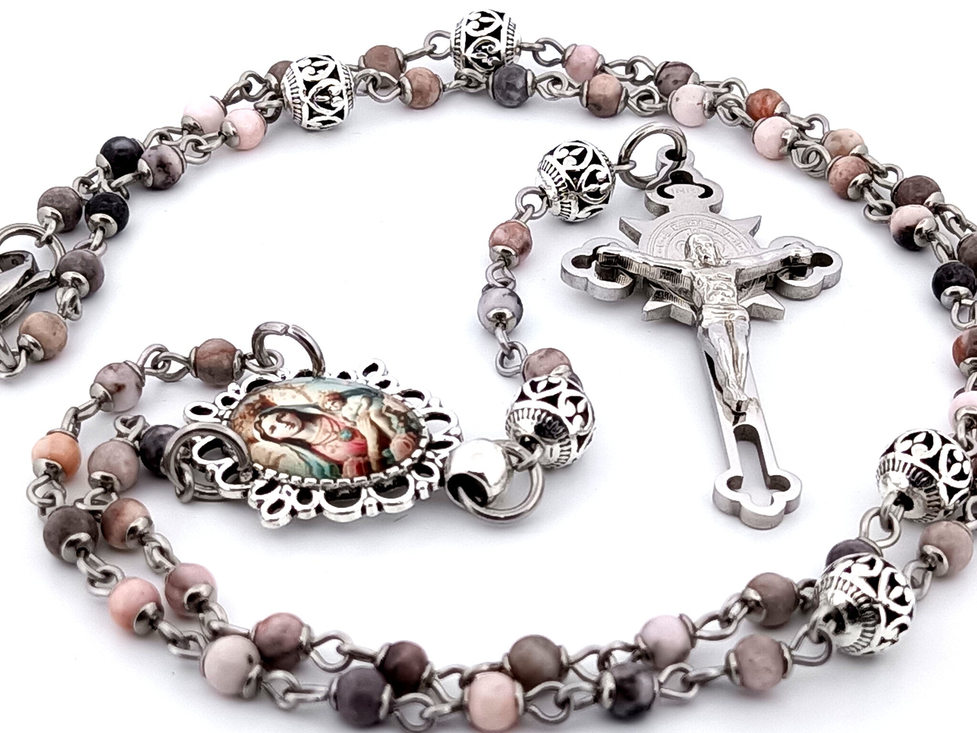 Mother Mary and Child unique rosary beads pink jasper gemstone wearable rosary with stainless steel Saint Benedict crucifix.