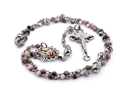 Mother Mary and Child unique rosary beads pink jasper gemstone wearable rosary with stainless steel Saint Benedict crucifix.