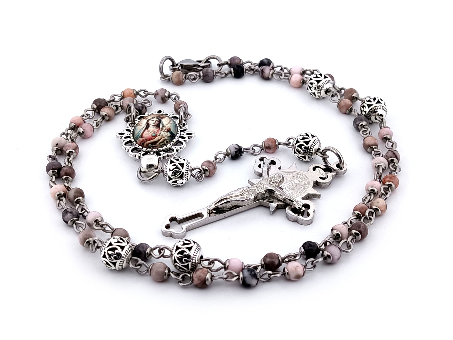 Mother Mary and Child unique rosary beads pink jasper gemstone wearable rosary with stainless steel Saint Benedict crucifix.