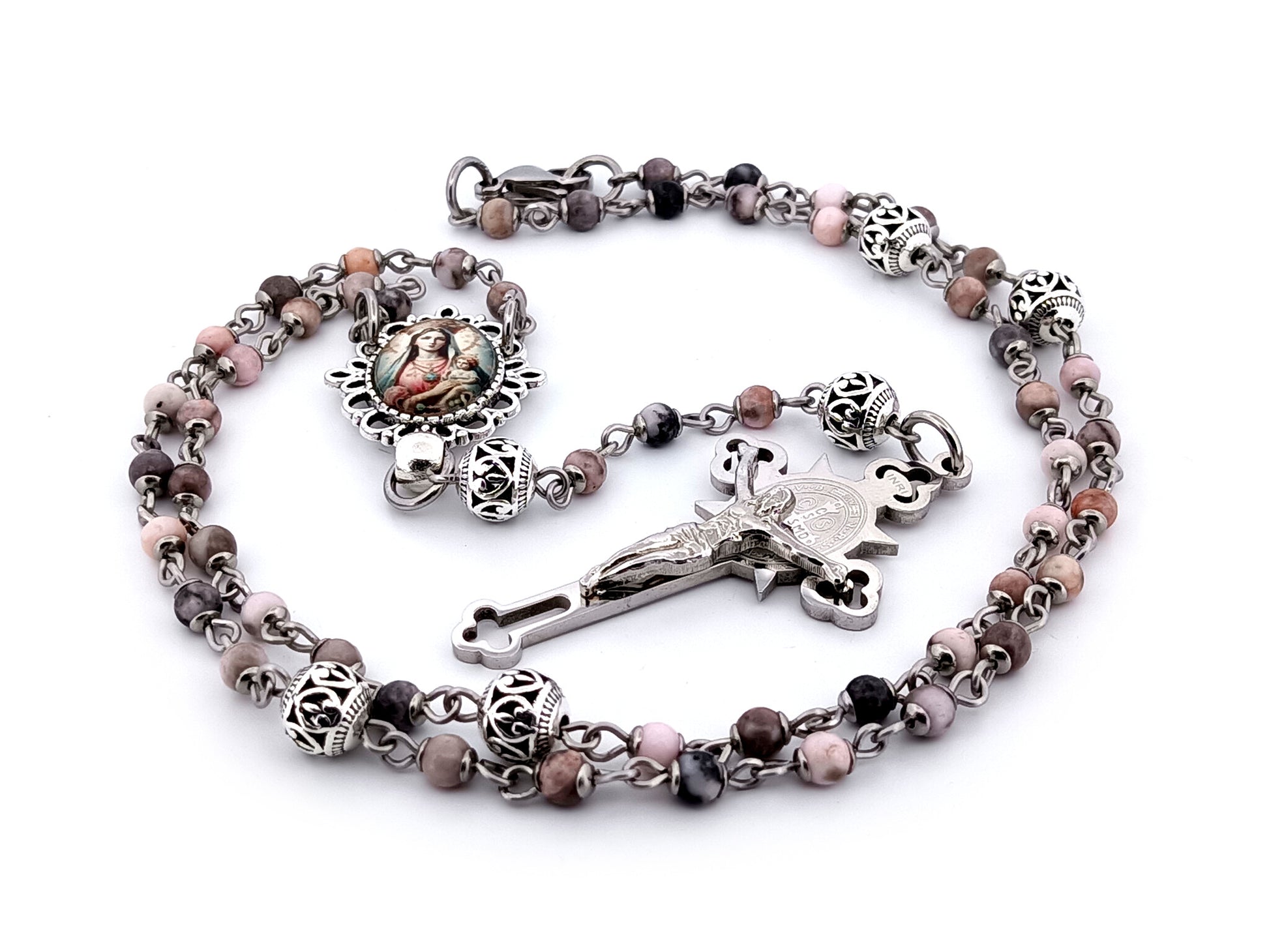Mother Mary and Child unique rosary beads pink jasper gemstone wearable rosary with stainless steel Saint Benedict crucifix.
