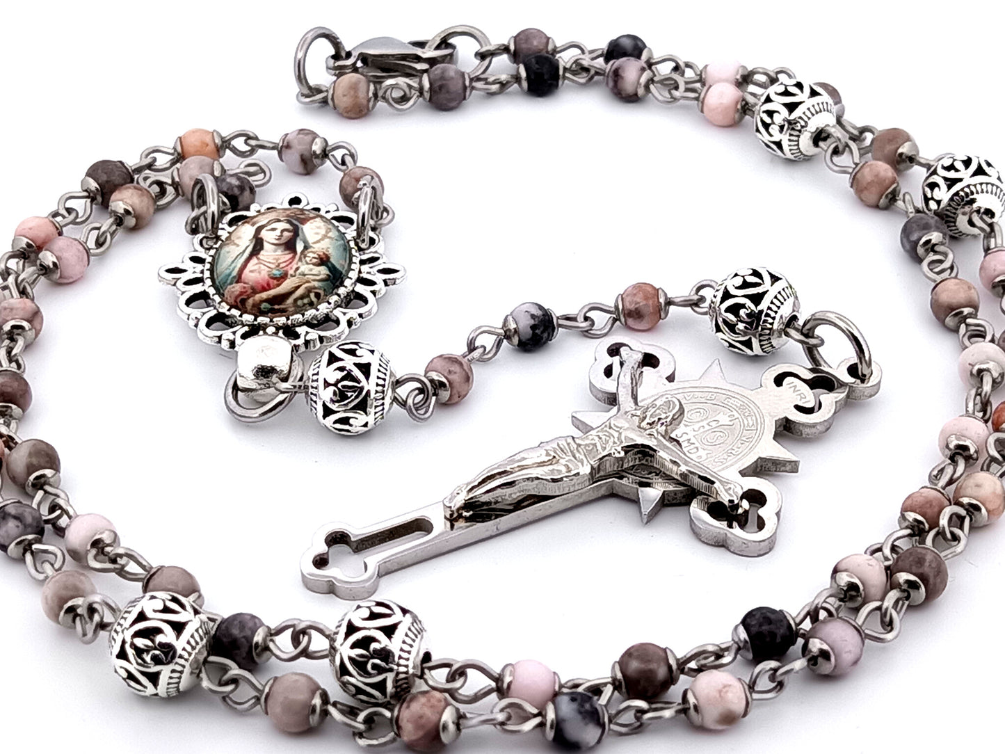 Mother Mary and Child unique rosary beads pink jasper gemstone wearable rosary with stainless steel Saint Benedict crucifix.