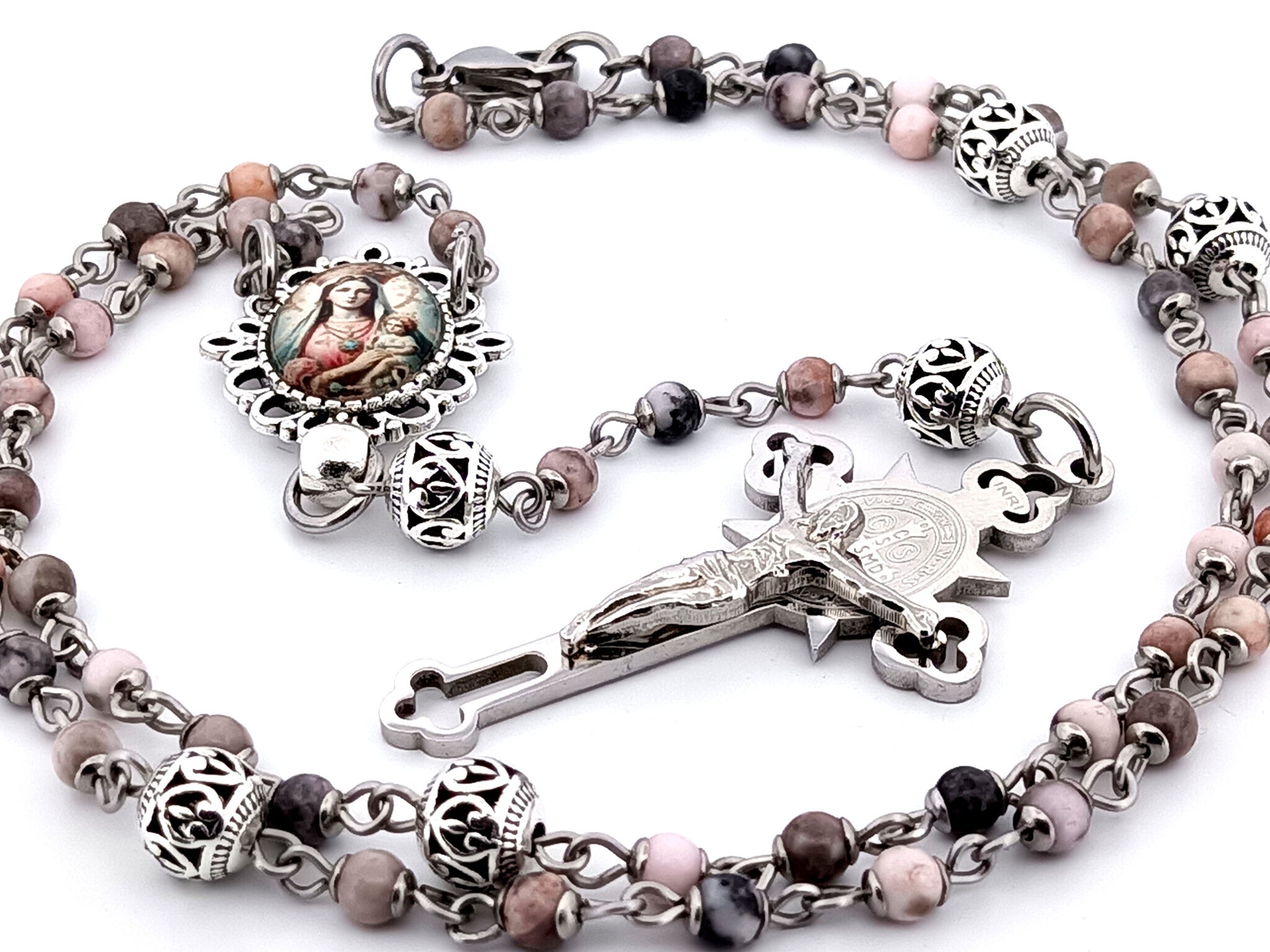 Mother Mary and Child unique rosary beads pink jasper gemstone wearable rosary with stainless steel Saint Benedict crucifix.