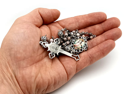 Mother Mary and Child unique rosary beads pink jasper gemstone wearable rosary with stainless steel Saint Benedict crucifix.