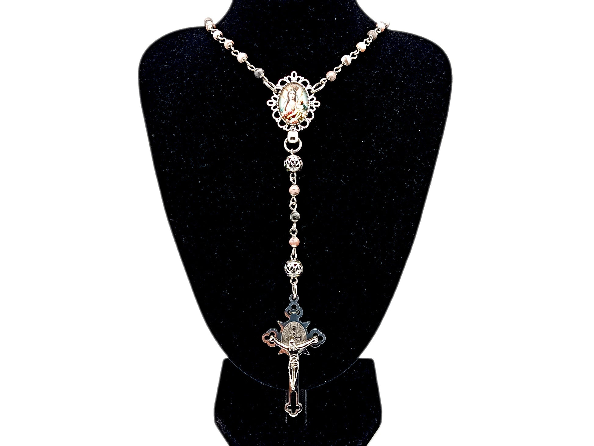 Mother Mary and Child unique rosary beads pink jasper gemstone wearable rosary with stainless steel Saint Benedict crucifix.