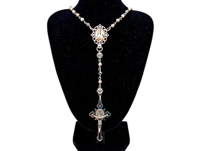 Mother Mary and Child unique rosary beads pink jasper gemstone wearable rosary with stainless steel Saint Benedict crucifix.