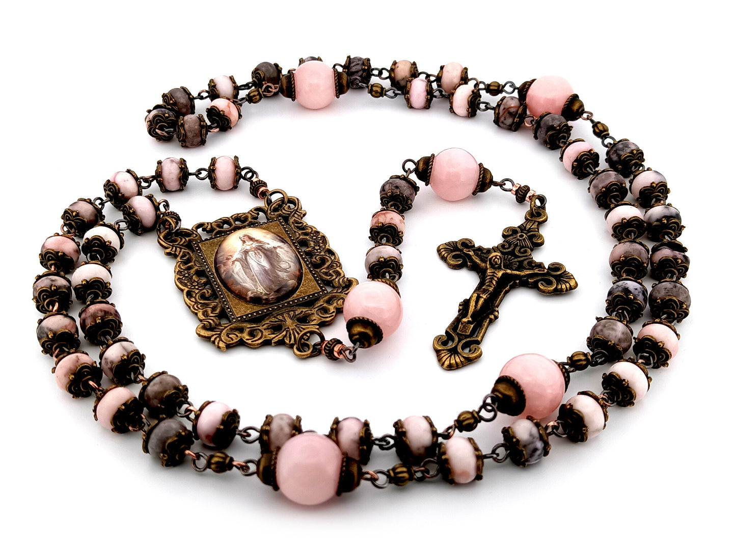 Assumption of Mary unique rosary beads pink jasper and quartz gemstone rosary beads with bronze filigree crucifix.