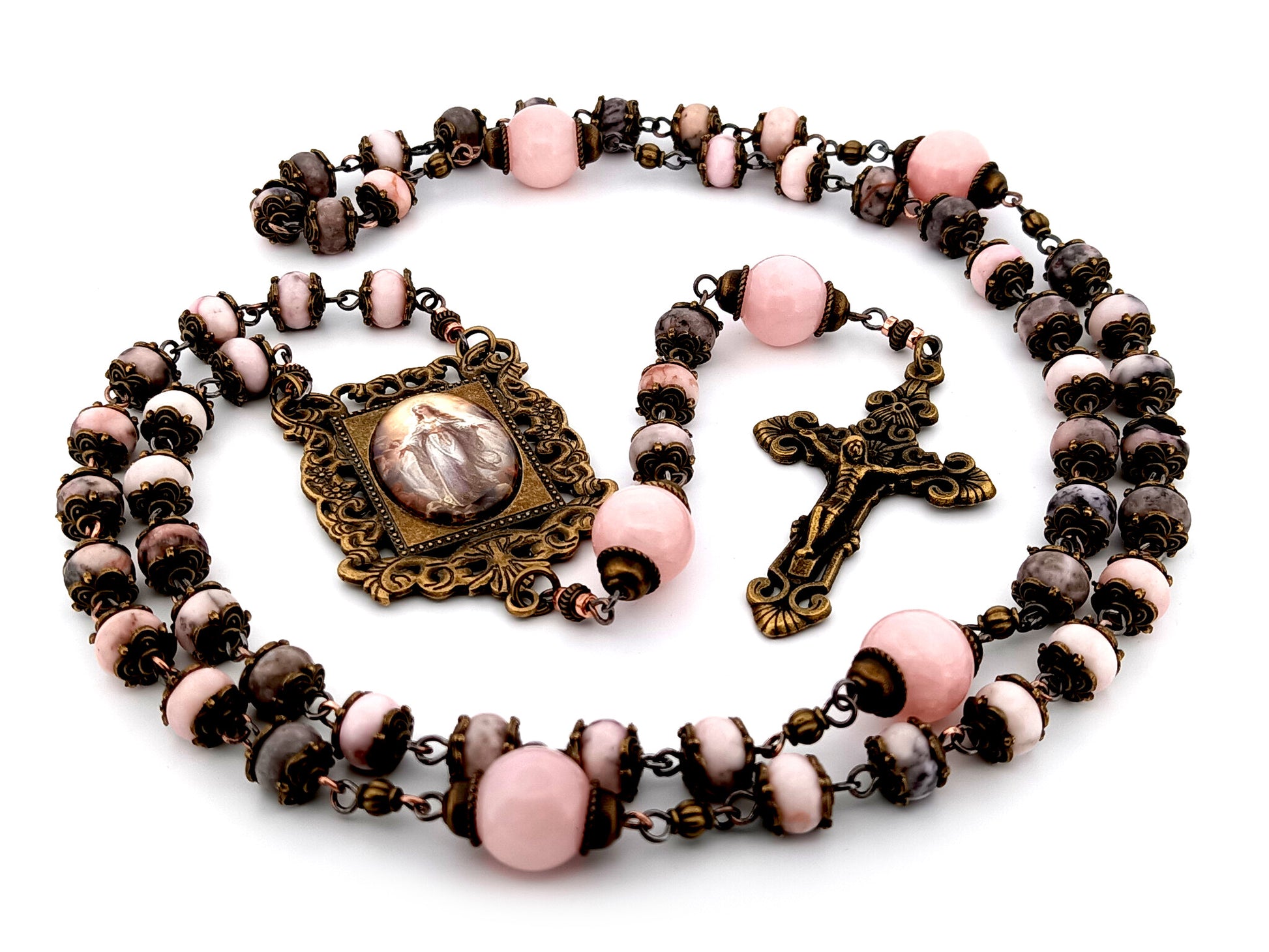 Assumption of Mary unique rosary beads pink jasper and quartz gemstone rosary beads with bronze filigree crucifix.