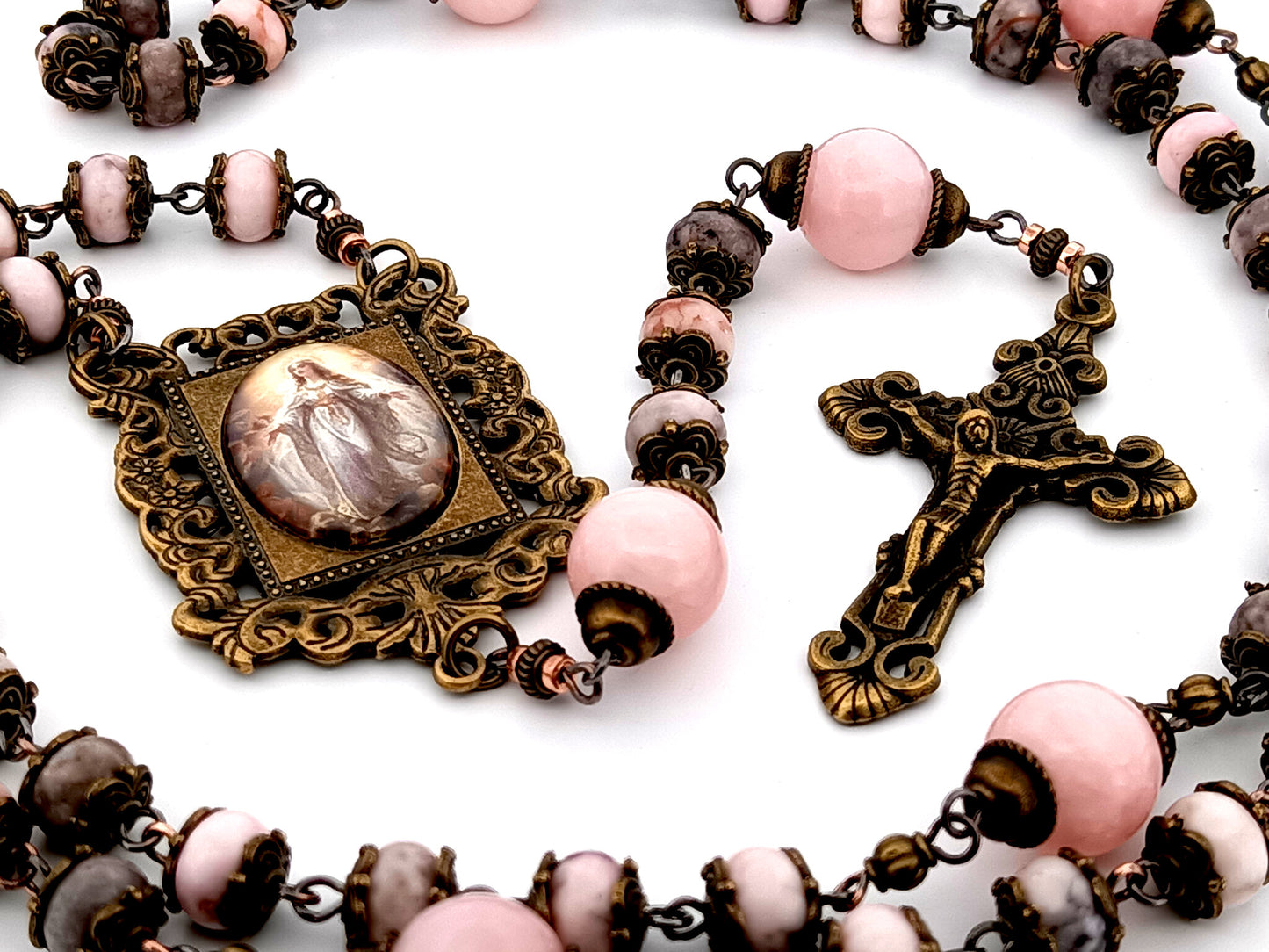Assumption of Mary unique rosary beads pink jasper and quartz gemstone rosary beads with bronze filigree crucifix.