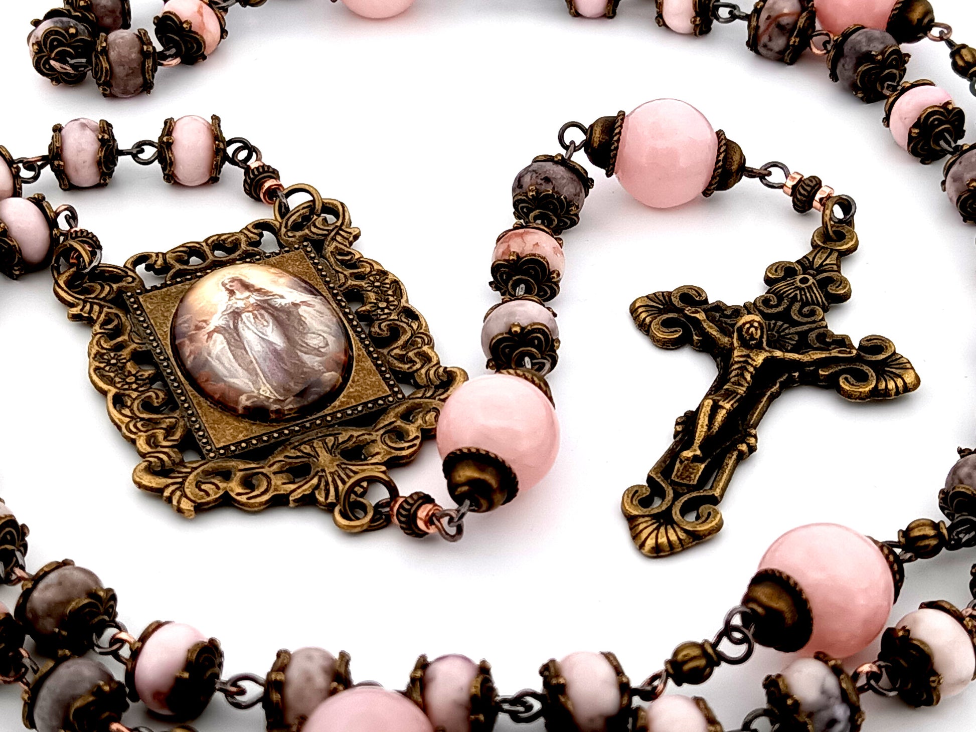 Assumption of Mary unique rosary beads pink jasper and quartz gemstone rosary beads with bronze filigree crucifix.