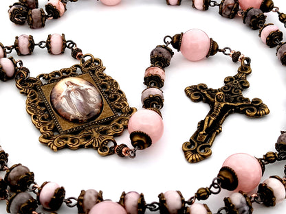 Assumption of Mary unique rosary beads pink jasper and quartz gemstone rosary beads with bronze filigree crucifix.