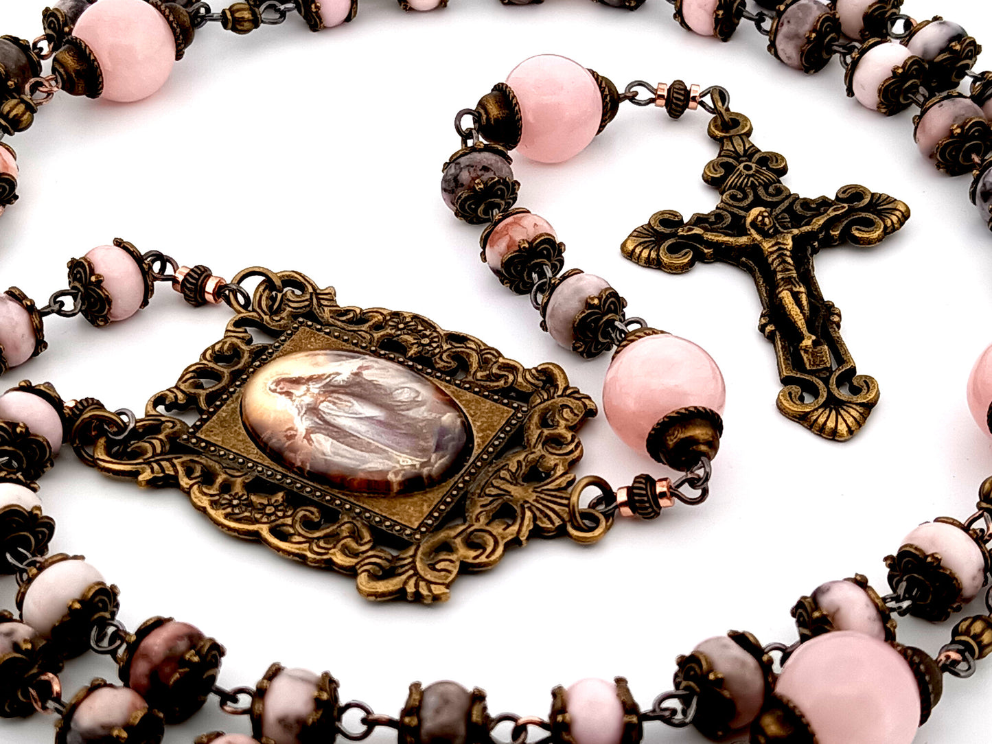 Assumption of Mary unique rosary beads pink jasper and quartz gemstone rosary beads with bronze filigree crucifix.