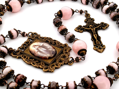 Assumption of Mary unique rosary beads pink jasper and quartz gemstone rosary beads with bronze filigree crucifix.