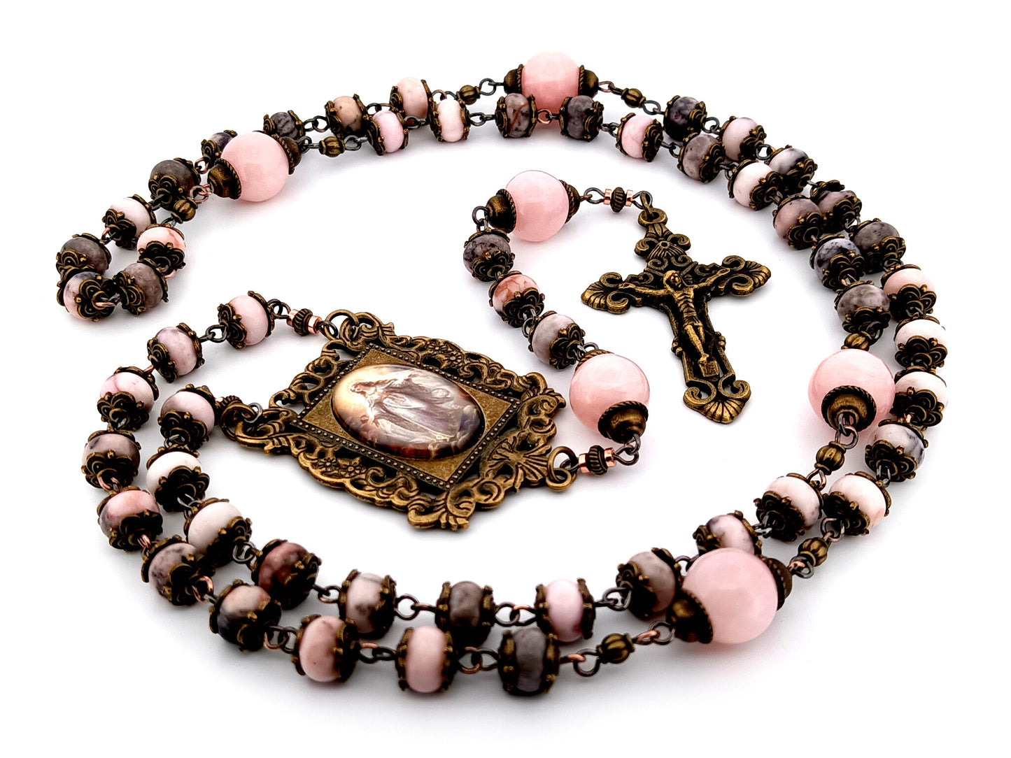 Assumption of Mary unique rosary beads pink jasper and quartz gemstone rosary beads with bronze filigree crucifix.
