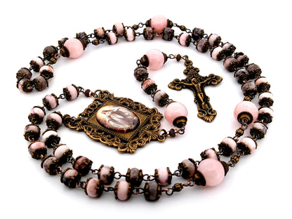 Assumption of Mary unique rosary beads pink jasper and quartz gemstone rosary beads with bronze filigree crucifix.