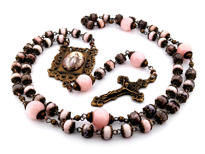 Assumption of Mary unique rosary beads pink jasper and quartz gemstone rosary beads with bronze filigree crucifix.