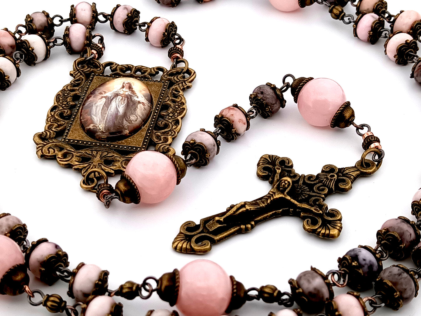 Assumption of Mary unique rosary beads pink jasper and quartz gemstone rosary beads with bronze filigree crucifix.