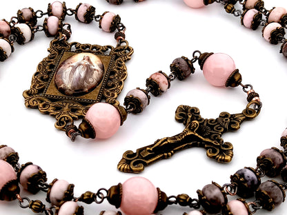 Assumption of Mary unique rosary beads pink jasper and quartz gemstone rosary beads with bronze filigree crucifix.