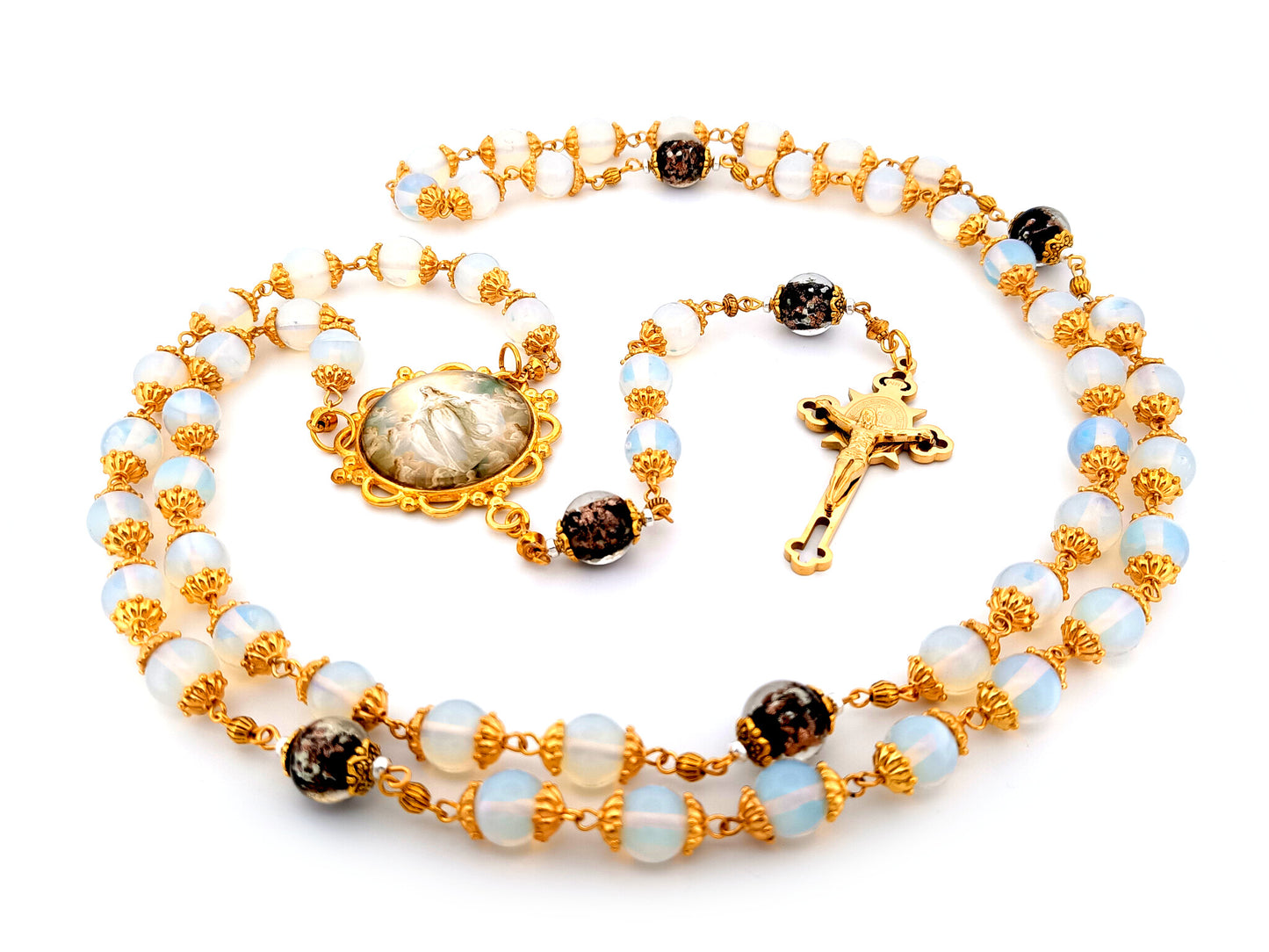 Assumption of Mary unique rosary beads large opal gemstone rosary beads with gold plated Saint Benedict stainless steel crucifix.