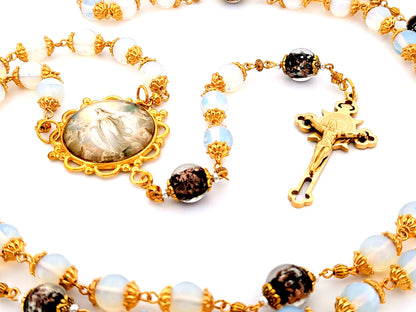 Assumption of Mary unique rosary beads large opal gemstone rosary beads with gold plated Saint Benedict stainless steel crucifix.