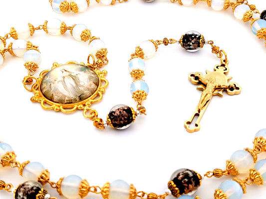 Assumption of Mary unique rosary beads large opal gemstone rosary beads with gold plated Saint Benedict stainless steel crucifix.