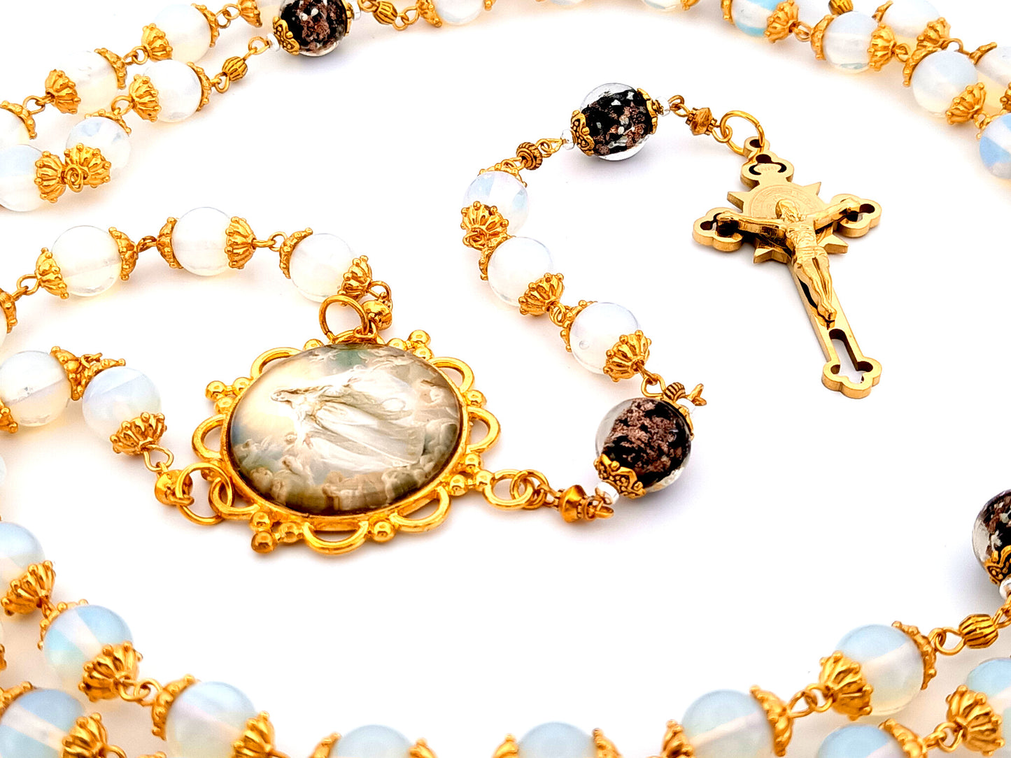 Assumption of Mary unique rosary beads large opal gemstone rosary beads with gold plated Saint Benedict stainless steel crucifix.