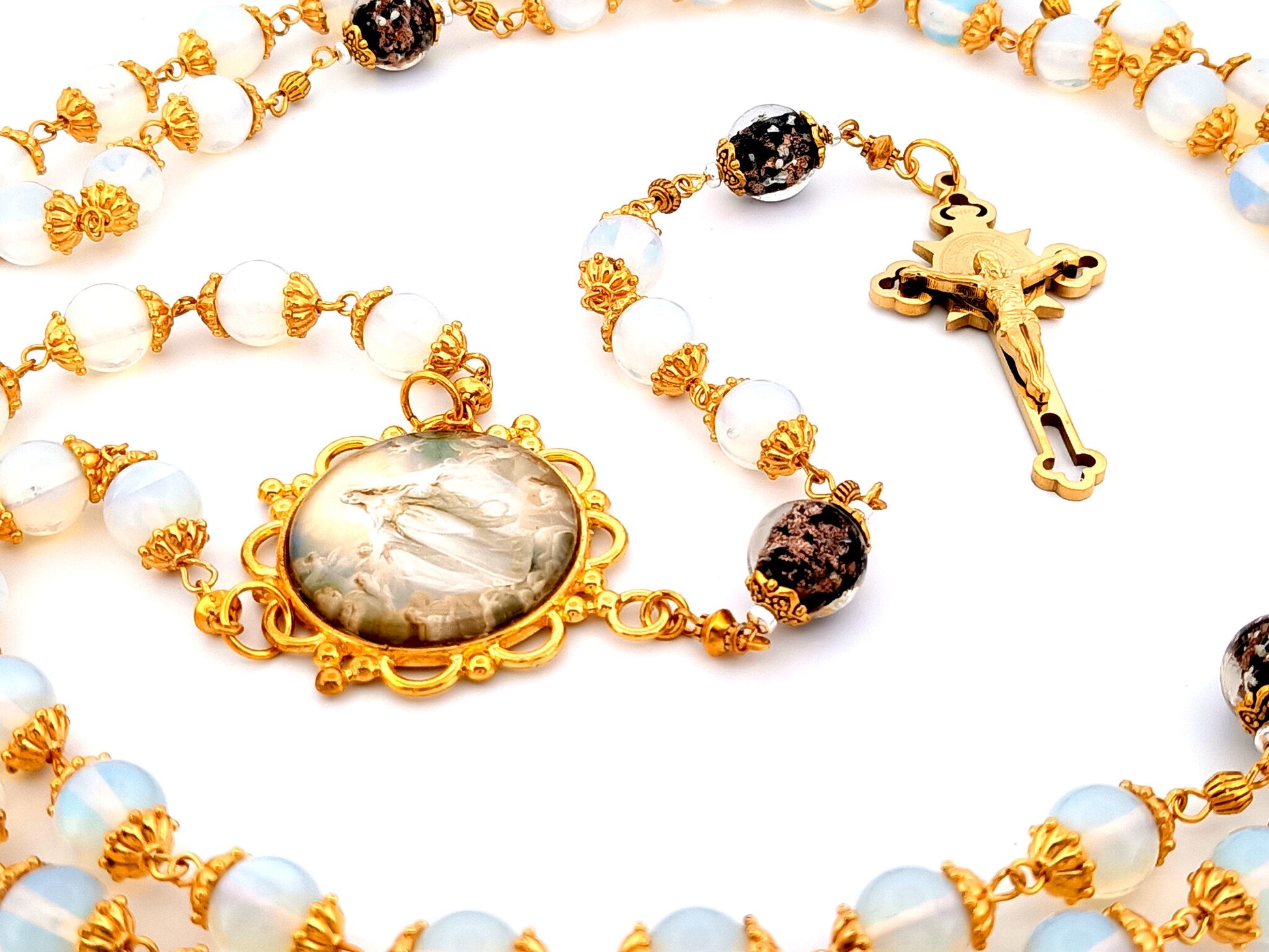 Assumption of Mary unique rosary beads large opal gemstone rosary beads with gold plated Saint Benedict stainless steel crucifix.