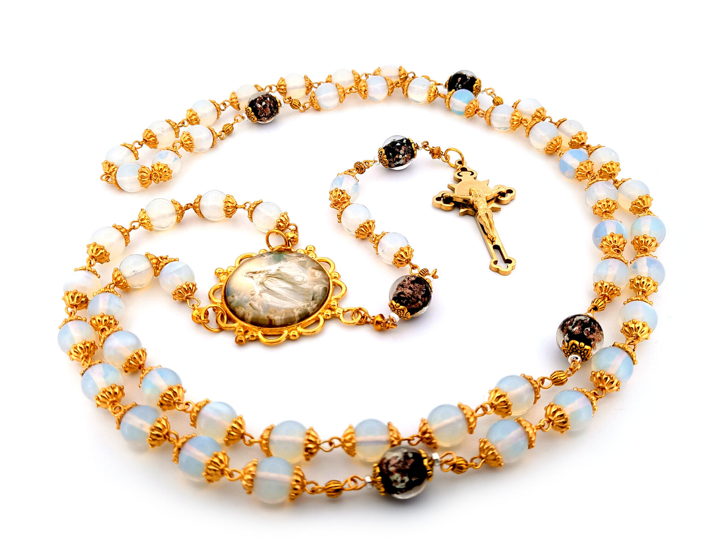 Assumption of Mary unique rosary beads large opal gemstone rosary beads with gold plated Saint Benedict stainless steel crucifix.