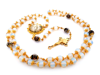 Assumption of Mary unique rosary beads large opal gemstone rosary beads with gold plated Saint Benedict stainless steel crucifix.