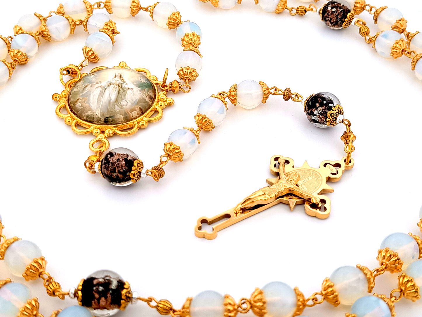 Assumption of Mary unique rosary beads large opal gemstone rosary beads with gold plated Saint Benedict stainless steel crucifix.