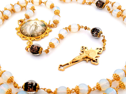 Assumption of Mary unique rosary beads large opal gemstone rosary beads with gold plated Saint Benedict stainless steel crucifix.