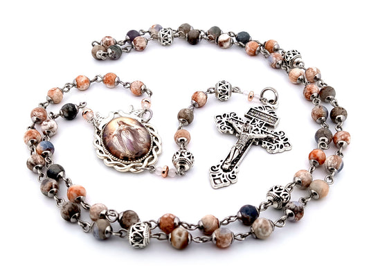 Assumption of Mary jasper gemstone rosary beads with silver filigree beads and Pardon crucifix.