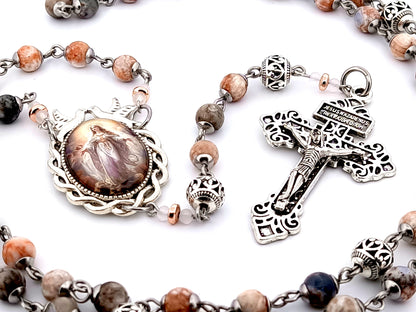 Assumption of Mary jasper gemstone rosary beads with silver filigree beads and Pardon crucifix.