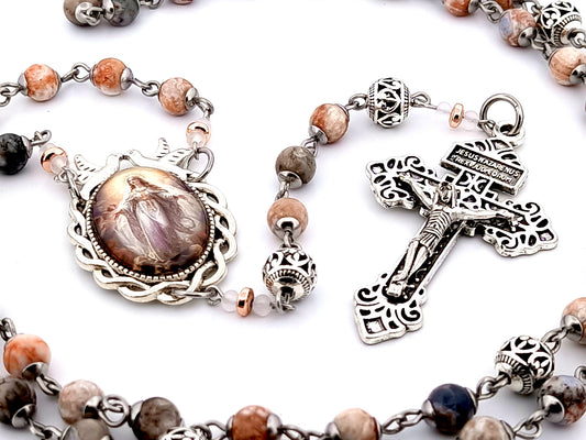 Assumption of Mary jasper gemstone rosary beads with silver filigree beads and Pardon crucifix.
