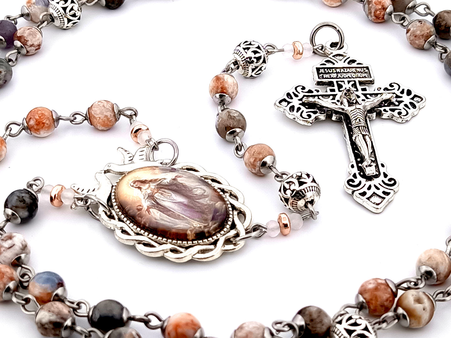 Assumption of Mary jasper gemstone rosary beads with silver filigree beads and Pardon crucifix.