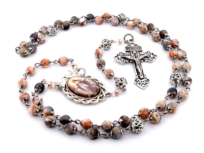Assumption of Mary jasper gemstone rosary beads with silver filigree beads and Pardon crucifix.