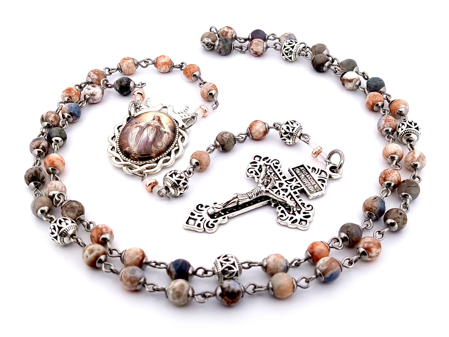 Assumption of Mary jasper gemstone rosary beads with silver filigree beads and Pardon crucifix.