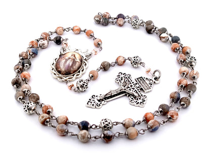 Assumption of Mary jasper gemstone rosary beads with silver filigree beads and Pardon crucifix.