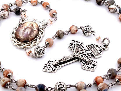 Assumption of Mary jasper gemstone rosary beads with silver filigree beads and Pardon crucifix.