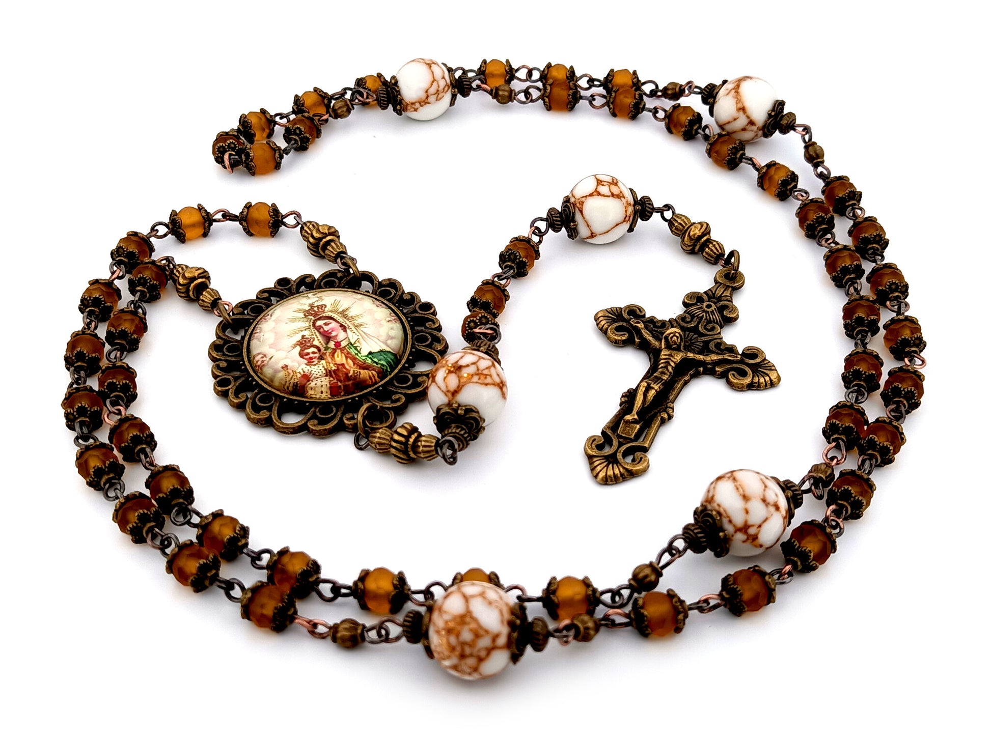 Our Lady of Mount Carmel unique rosary beads  amber glass and howlite gemstone rosary beads with bronze filigree crucifix.