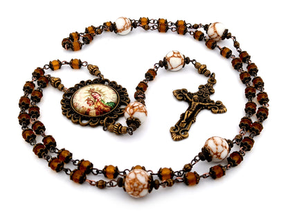 Our Lady of Mount Carmel unique rosary beads  amber glass and howlite gemstone rosary beads with bronze filigree crucifix.