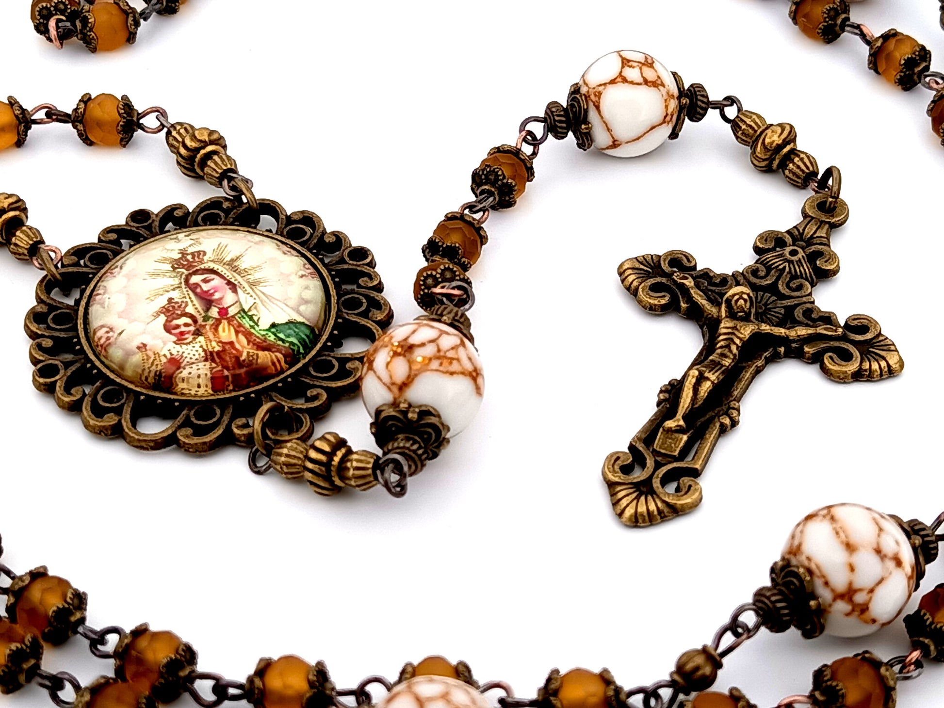 Our Lady of Mount Carmel unique rosary beads  amber glass and howlite gemstone rosary beads with bronze filigree crucifix.