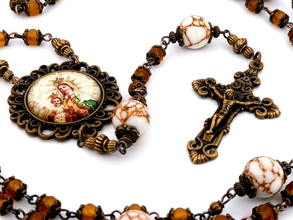 Our Lady of Mount Carmel unique rosary beads  amber glass and howlite gemstone rosary beads with bronze filigree crucifix.